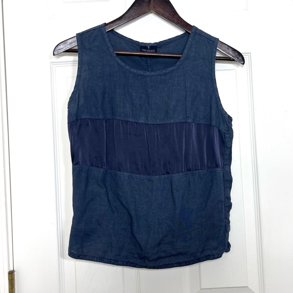 Trussardi Sport Blue Linen Sleeveless Top Tank Silk Panel Snap Side Size S